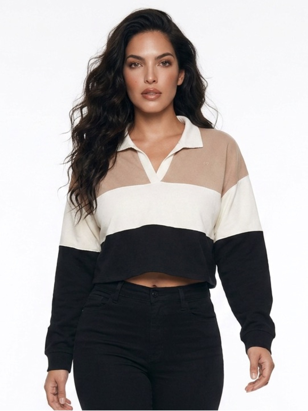Z Supply Colorblock Cropped Rugby Pullover in Tan, Cream & Black